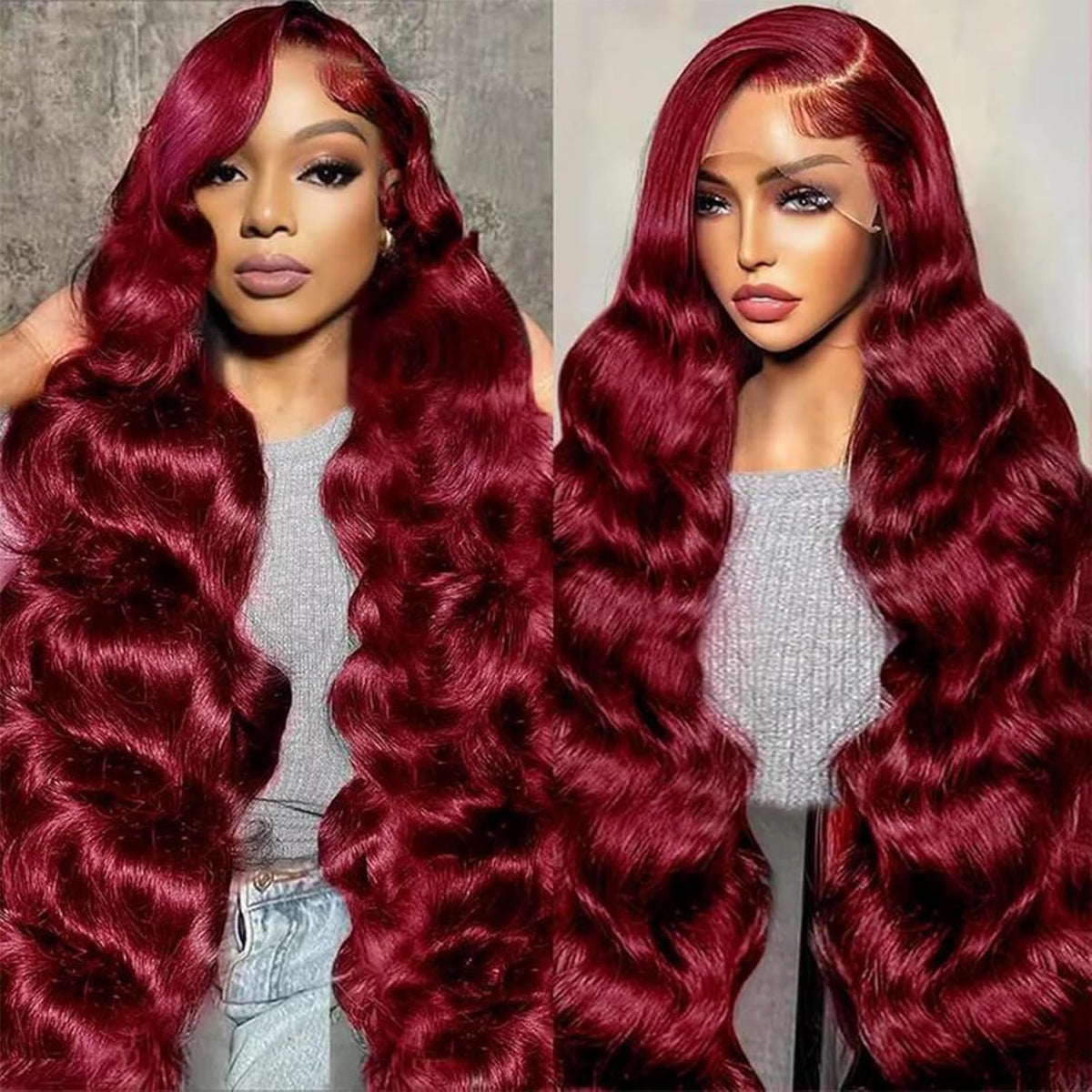 Exquelin Burgundy Wig 99J 28-inch lace-front for a natural hairline and versatile styling.