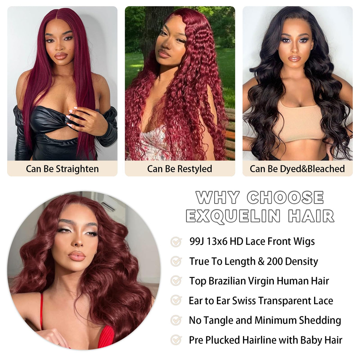 Exquelin glueless lace-front wig with adjustable straps for secure daily wear.