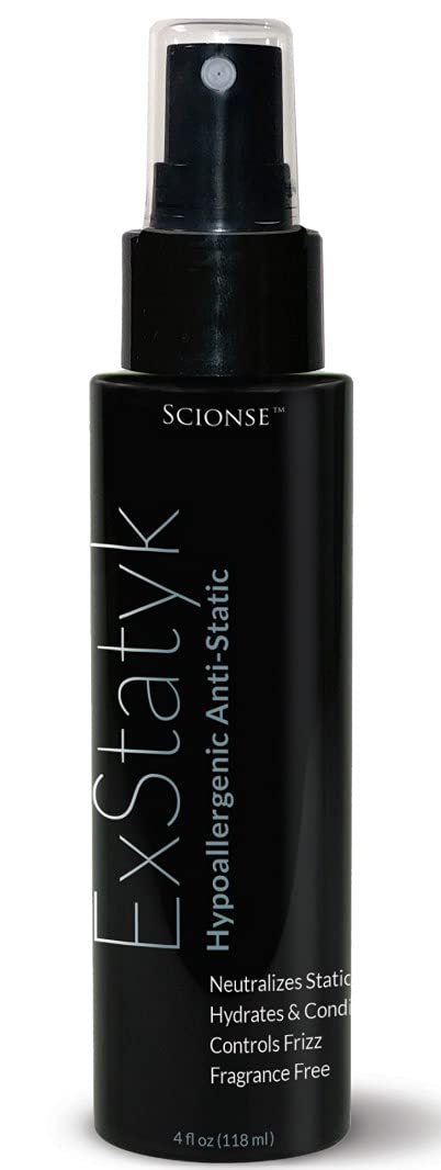 ExStatyk anti-static spray bottle showing quick anti-frizz action.