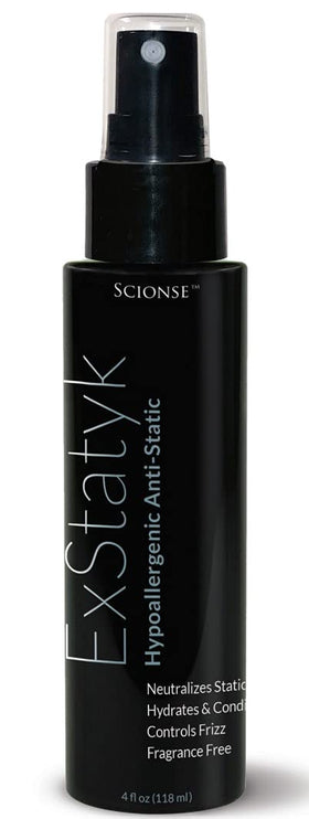 ExStatyk anti-static spray bottle showing quick anti-frizz action.