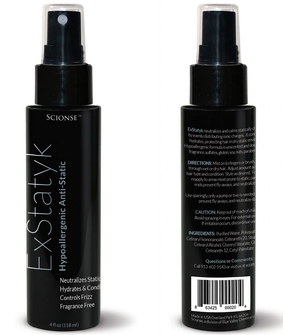 ExStatyk fragrance-free spray used on damp hair for static control.