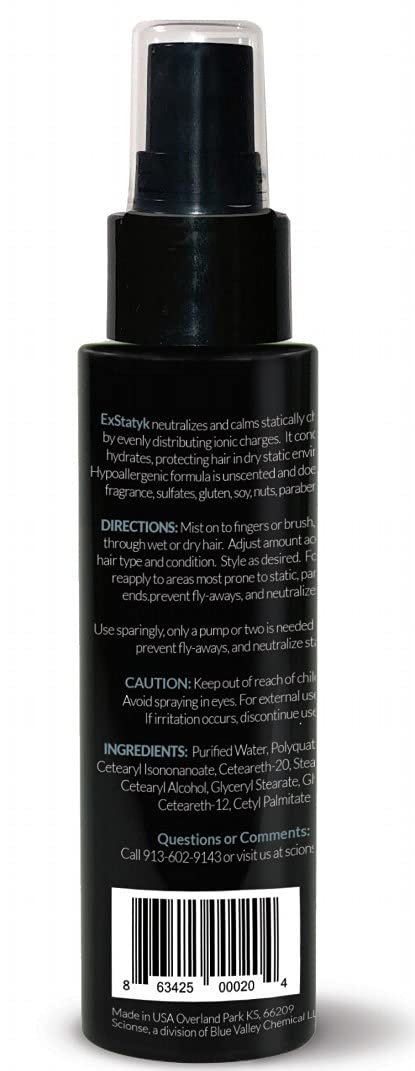ExStatyk hypoallergenic water-based formula close-up, fragrance-free and safe for sensitive scalps.