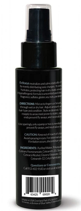 ExStatyk hypoallergenic water-based formula close-up, fragrance-free and safe for sensitive scalps.