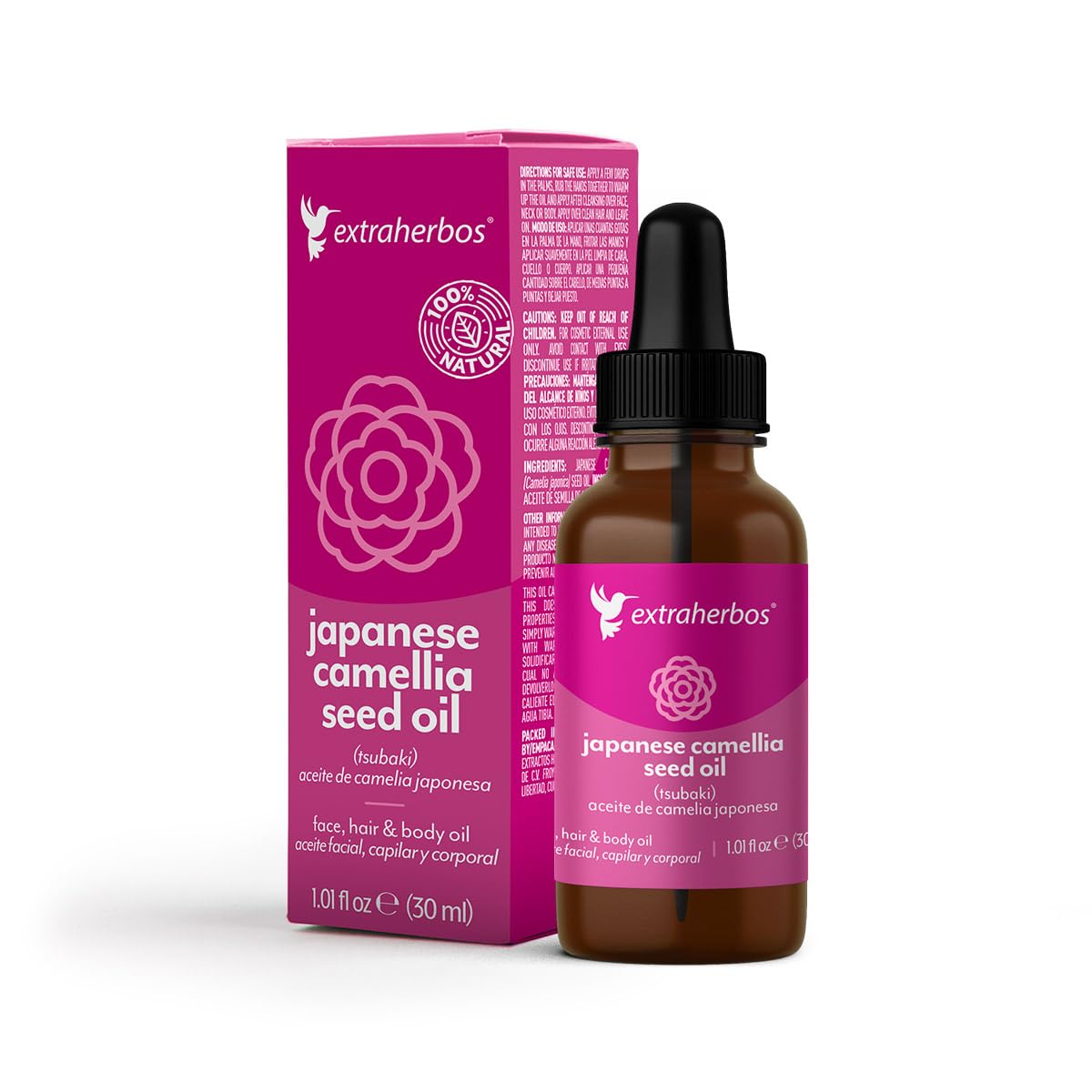 Extraherbos Camellia Oil bottle pour for daily hair and skin care.