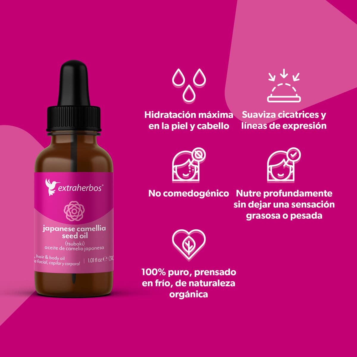 Extraherbos Tsubaki Oil hair strength and shine close-up.