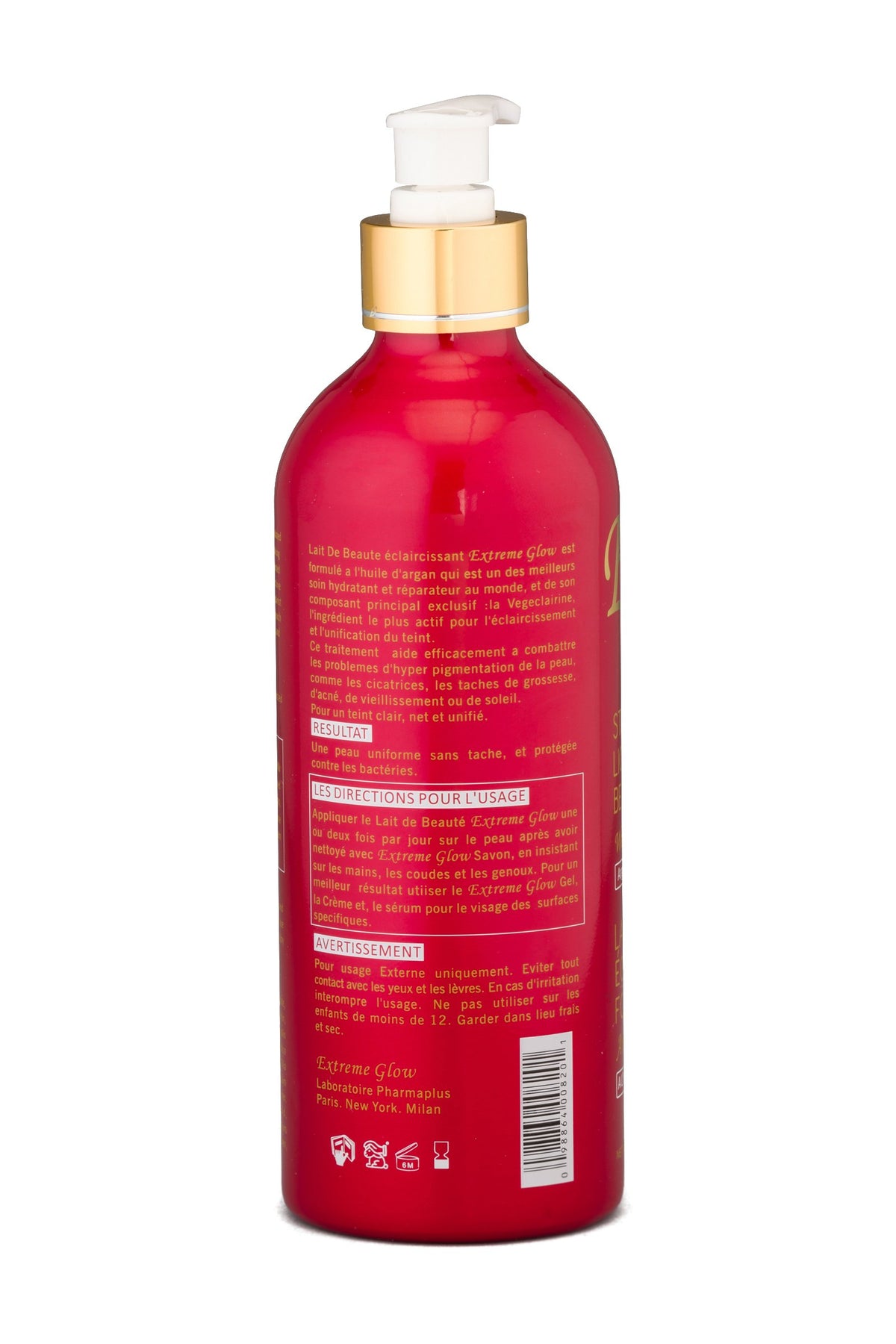 Extreme Glow strong lightening beauty milk packaging closeup showcases quality and sophistication.
