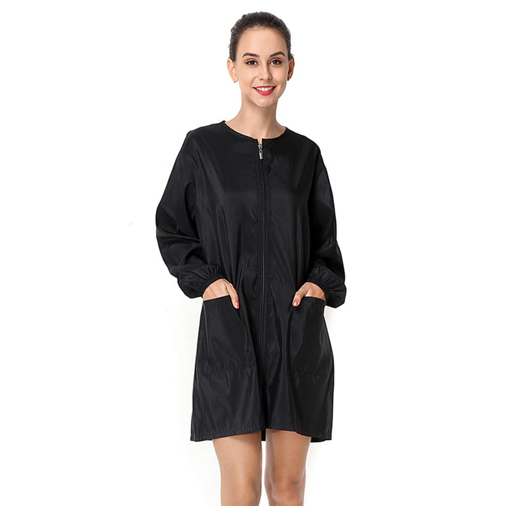 Exttlliy black salon smock front view, ideal for professional hairstylists.
