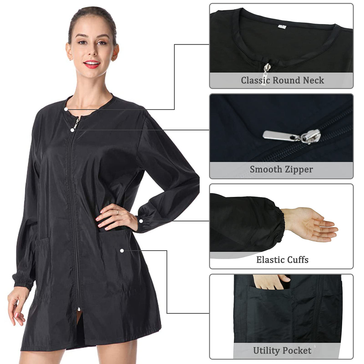 Exttlliy black smock side view, comfortable all-day wear for stylists.