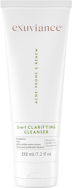 EXUVIANCE 3-in-1 Clarifying Cleanser bottle demonstrating oil control for acne-prone skin