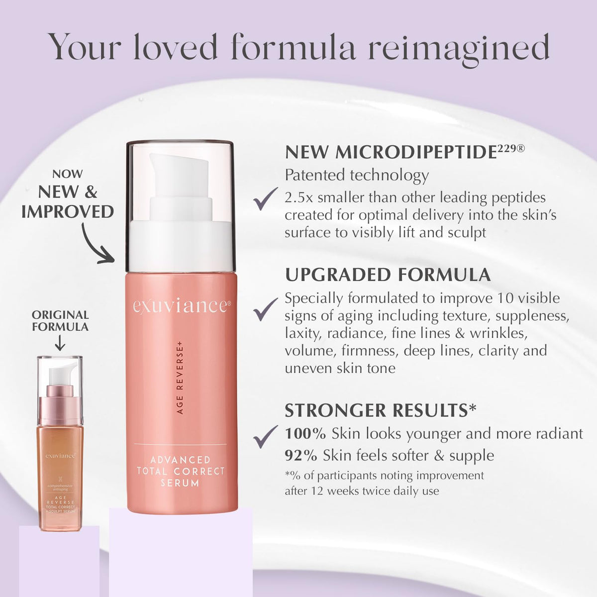 EXUVIANCE Age Reverse serum pump highlighting lifting technology for firmer skin