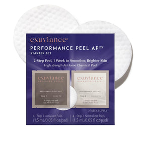 EXUVIANCE Performance Peel AP25 bottle close-up showing at-home exfoliation potential