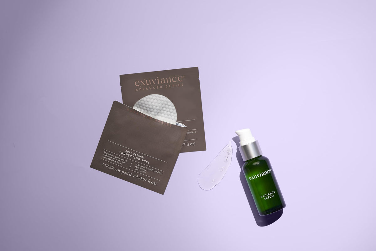 EXUVIANCE Radiance Serum packaging box showcases premium branding.
