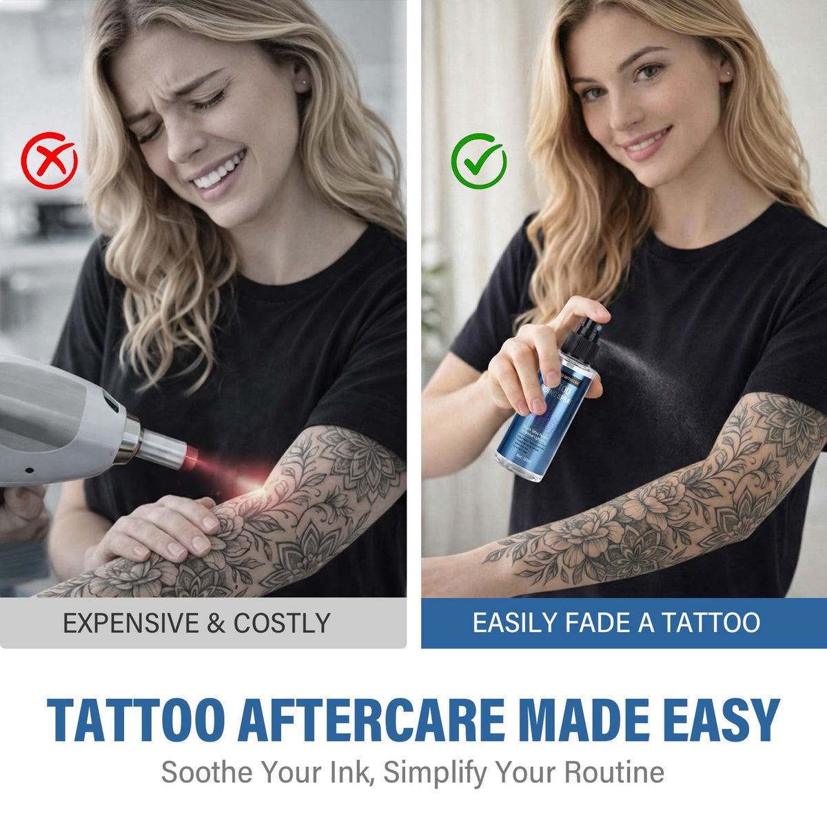 EXVITAMIN Tattoo Remover Spray before-after highlights visible fading of tattoo ink.