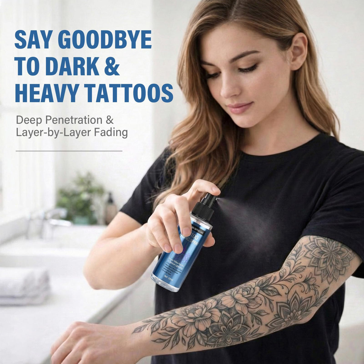 EXVITAMIN Tattoo Remover Spray spray-dispense shows smooth, gentle fading application for tattoos.