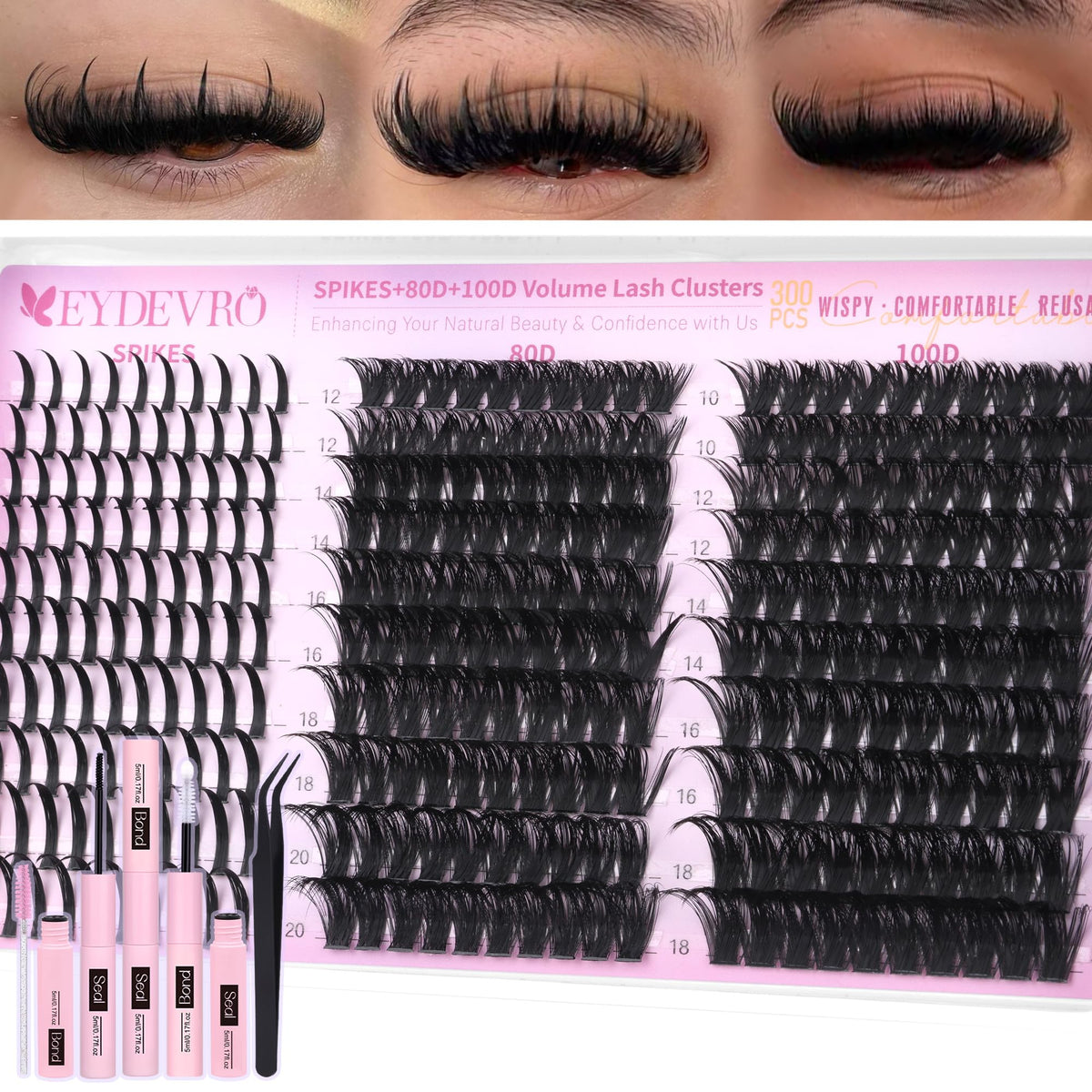 EYDEVRO lash clusters with spikes show dramatic wispy volume for bold looks.