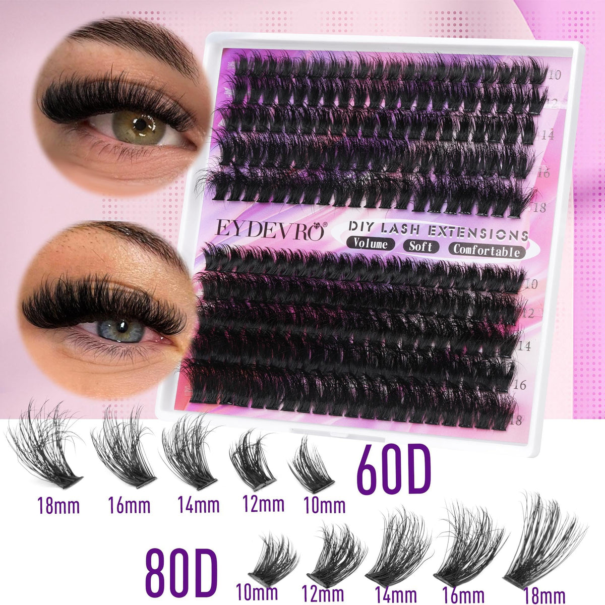 EYDEVRO mixed-length 10-18mm lash clusters for versatile styles