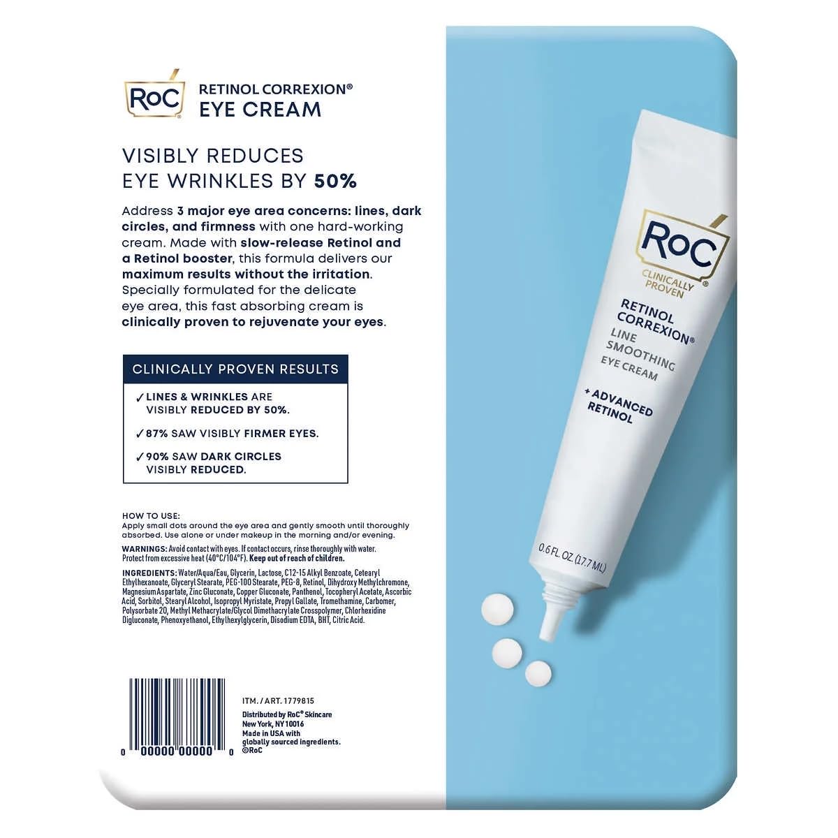 Closeup of Eye See RoC Line Smoothing Eye Cream tube highlighting easy application