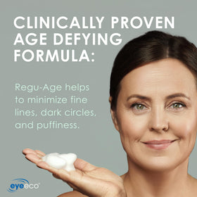EyeEco cleanser foam on face, removes dirt and makeup gently.