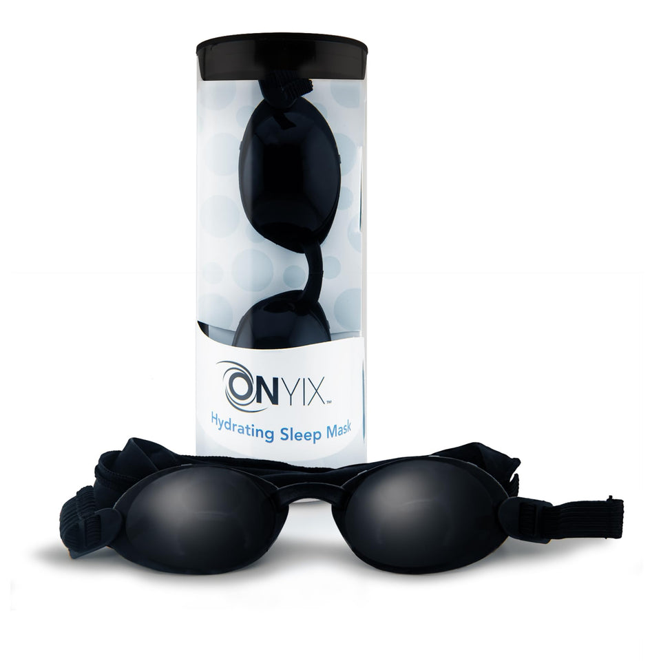 EYEECO Onyix silicone sleep mask over eyes promotes overnight hydration and comfort.