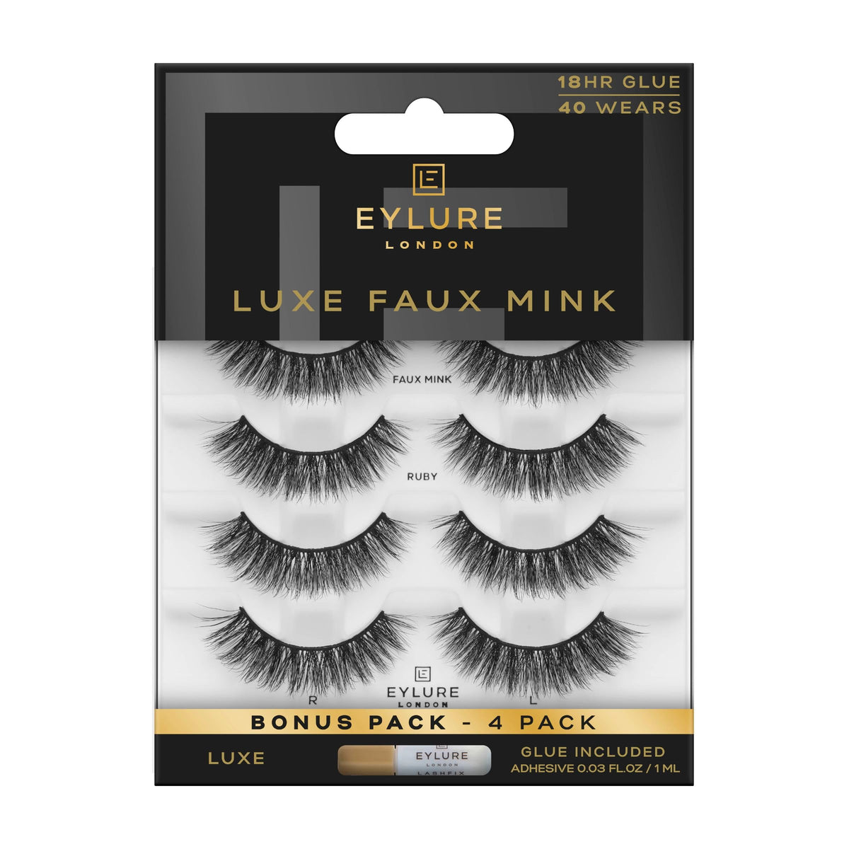 Eylure Luxe Ruby faux mink lashes pack front view for daily wear.