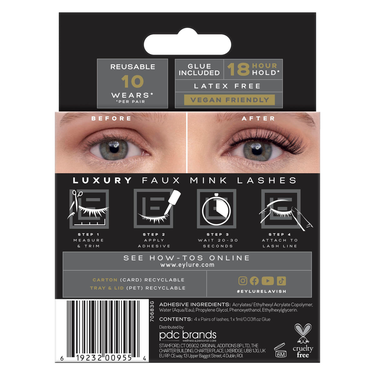 Eylure Luxe vegan and cruelty-free badge on the pack for an ethical choice.