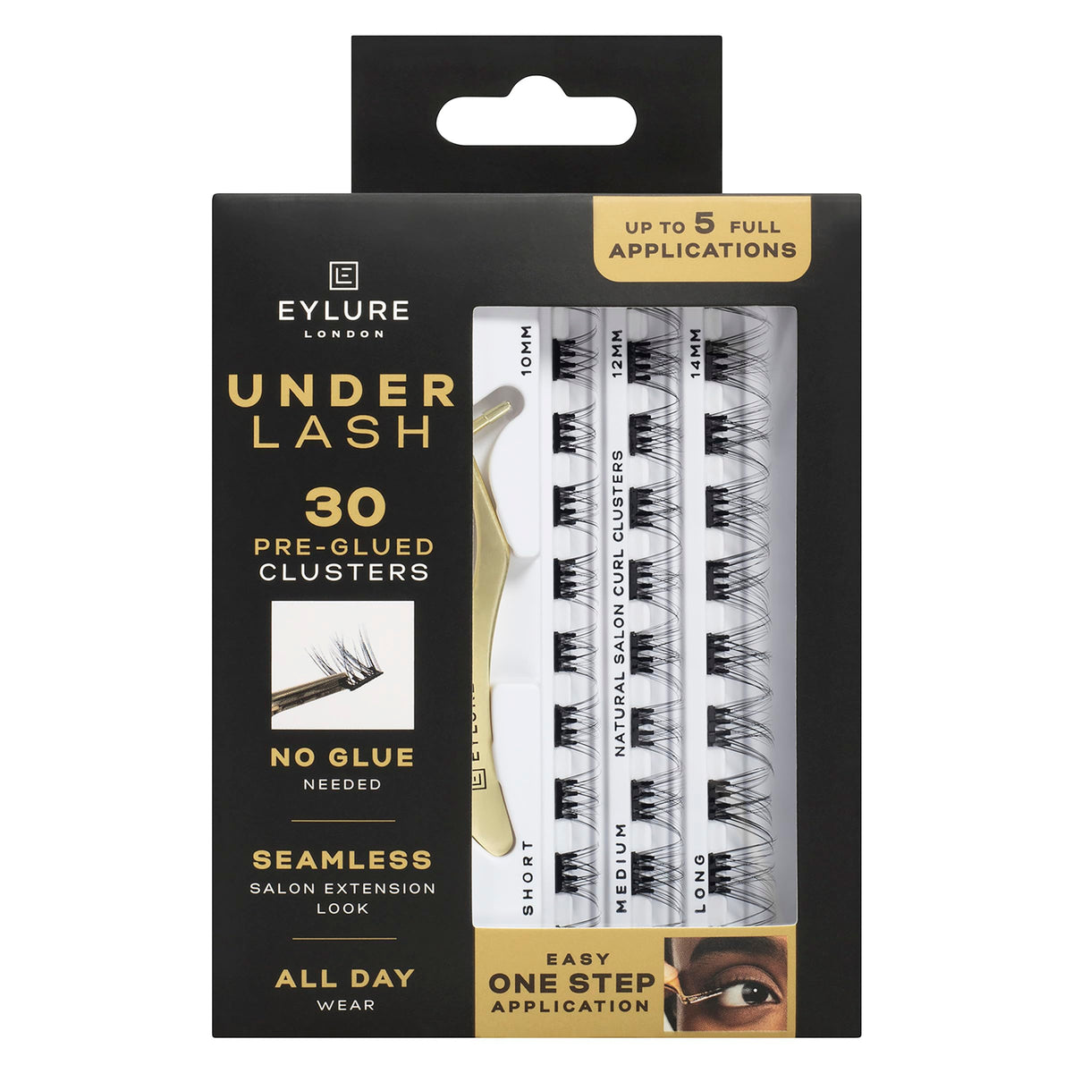 Eylure Underlash packaging shows 30 glue-free clusters for easy daily wear