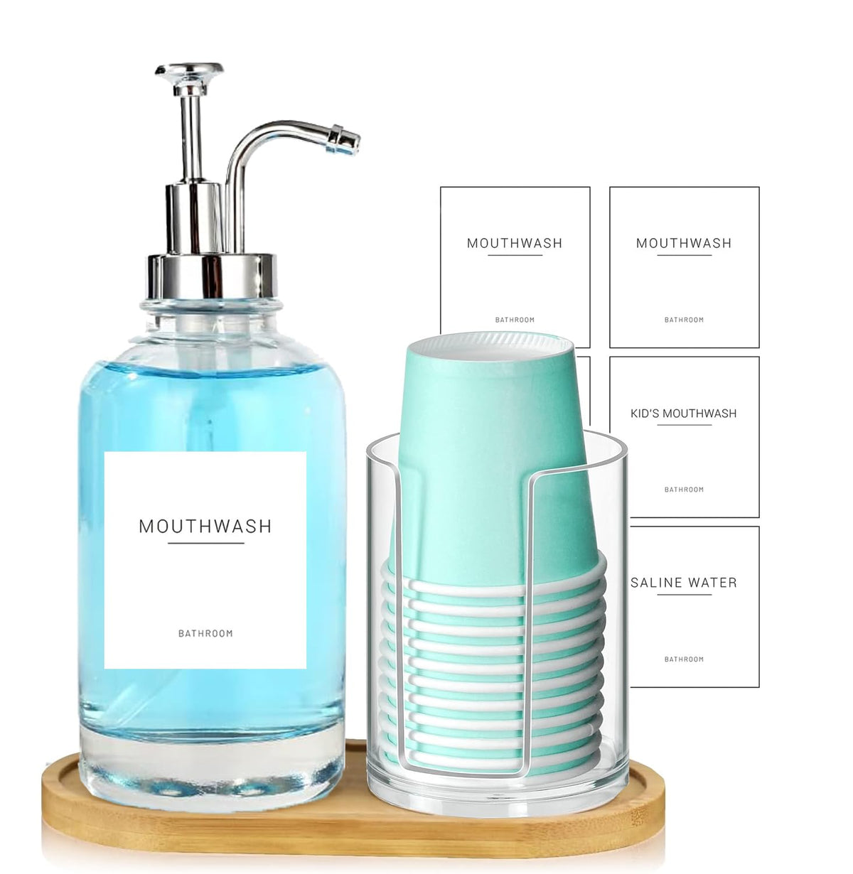 Ezebesta 17oz clear glass mouthwash bottle with pump for mess-free dispensing.