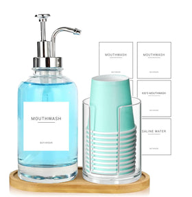 Ezebesta 17oz clear glass mouthwash bottle with pump for mess-free dispensing.