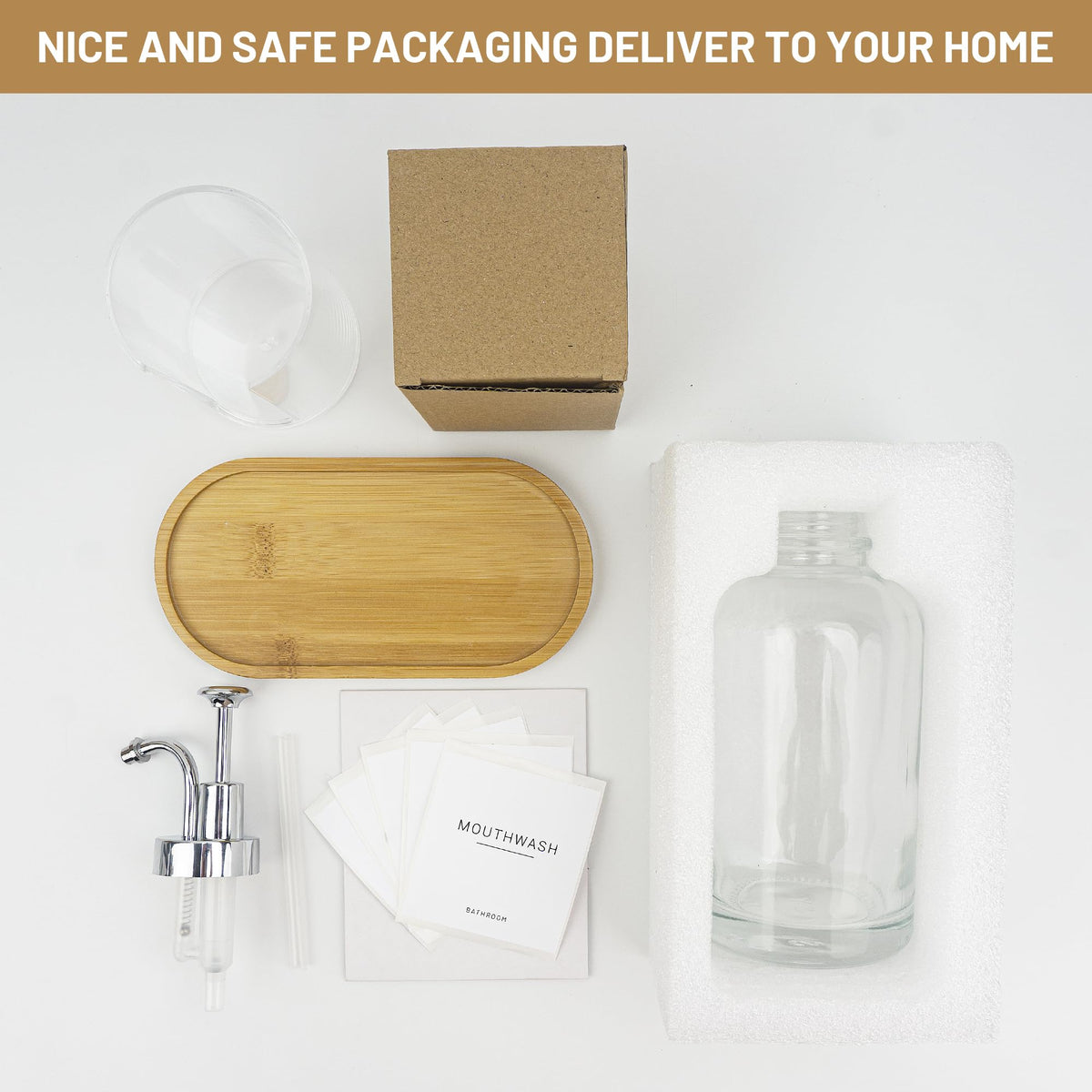Ezebesta clear glass bottle with pump, ready for controlled pours.