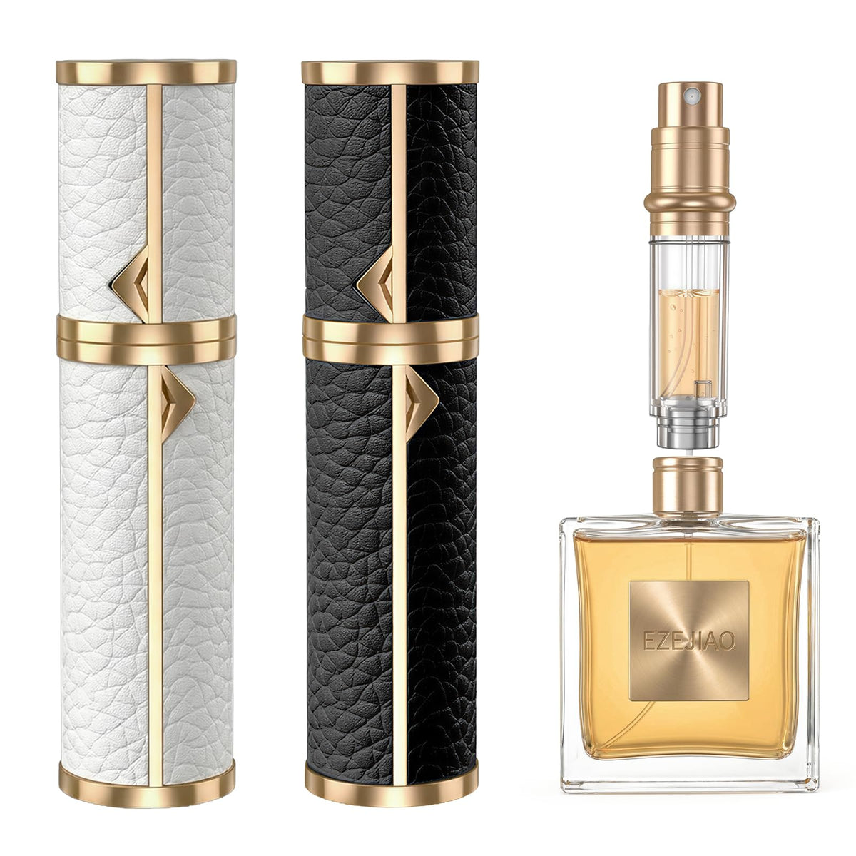 EZEJIAO 2-pack perfume travel bottles with premium leather for on-the-go fragrance.
