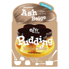 eZn Pudding Hair Dye Ash Beige packaging shows the all-in-one kit for home coloring.