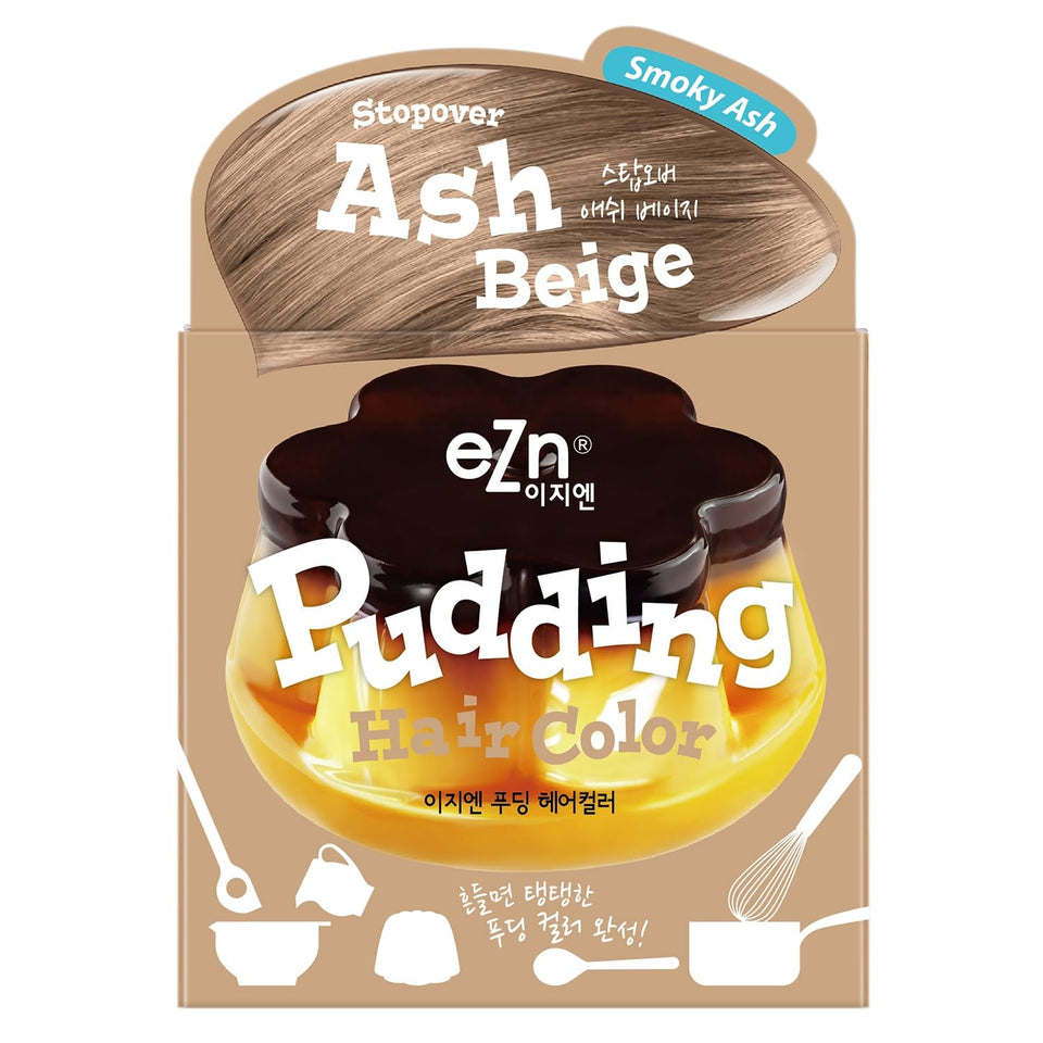 eZn Pudding Hair Dye Ash Beige packaging shows the all-in-one kit for home coloring.