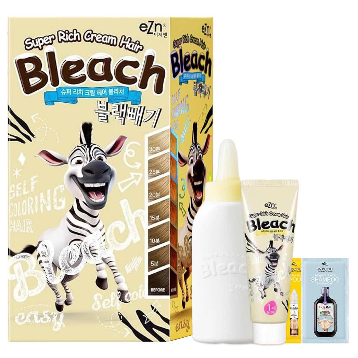 eZn Super Rich Cream Hair Bleach Kit box demonstrates all-in-one at-home lightening convenience.