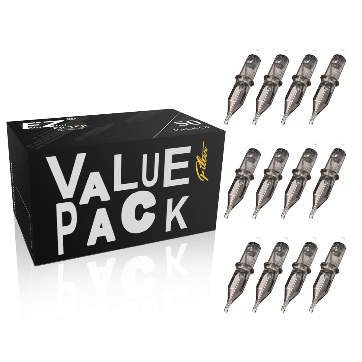 EZTAT2 50-pcs tattoo cartridge needles pack with mixed sizes for versatile lining and shading.