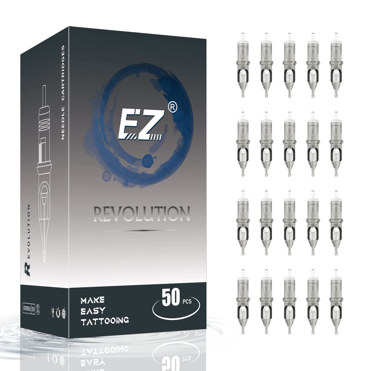EZTAT2 tattoo cartridge needles in a 50-piece pack for versatile professional use.