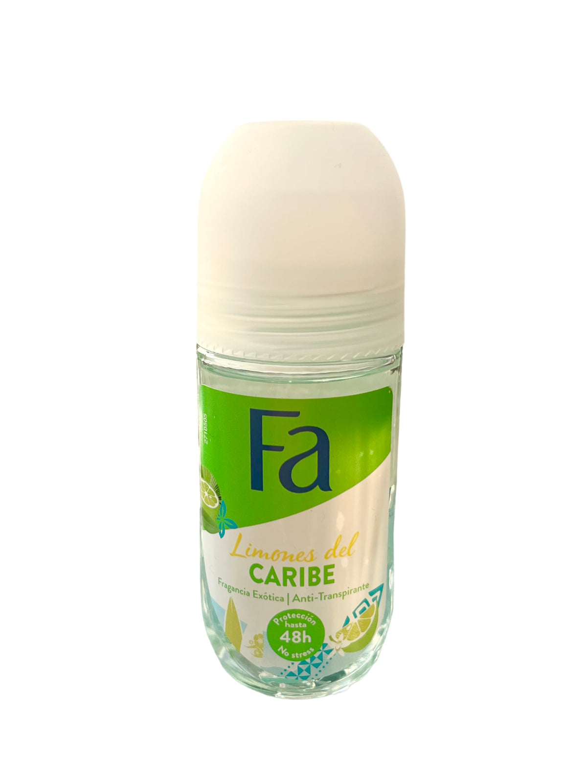 Fa Caribbean Lemon roll-on deodorant bottle front view with quick-dry formula