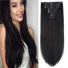 FAAAL 22-inch clip-in extensions in jet black for a natural, seamless full-head blend.