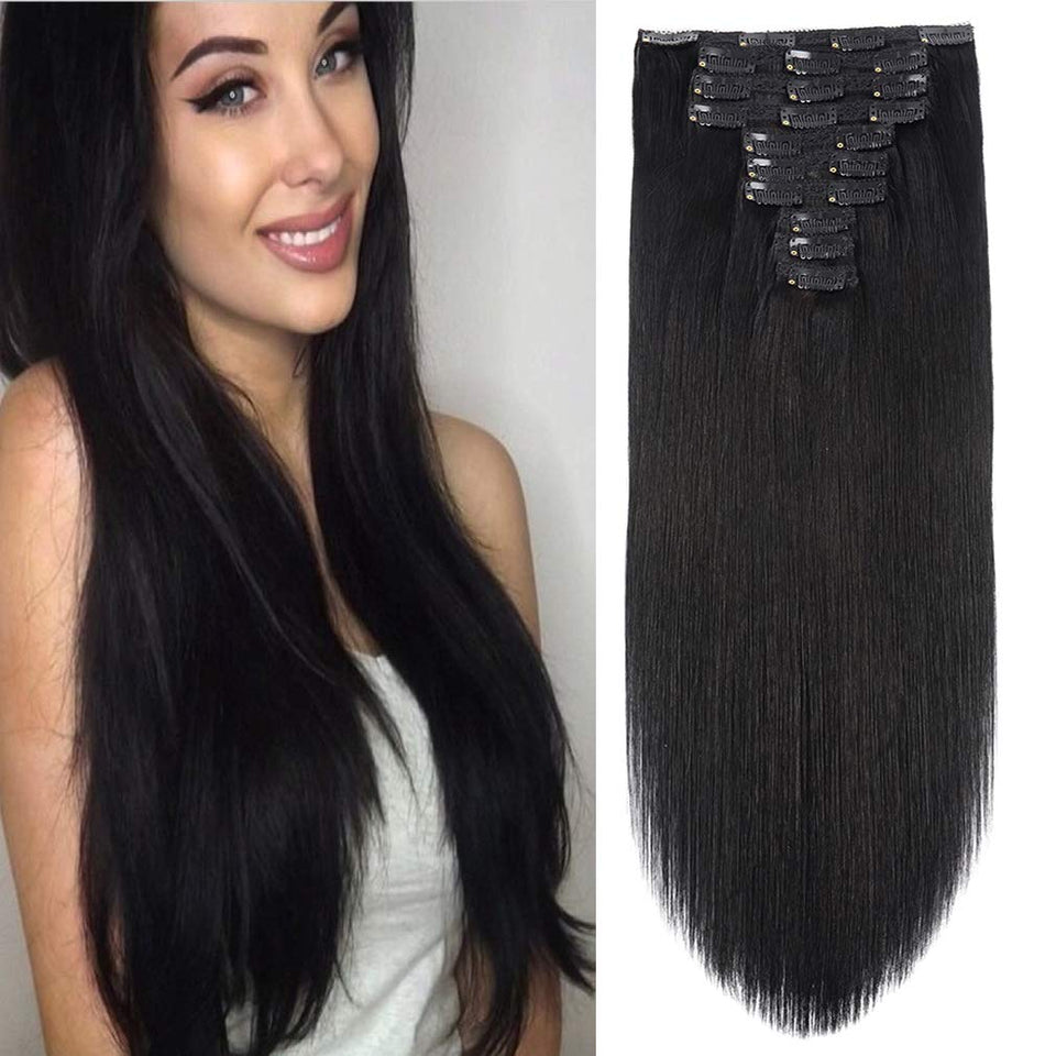 FAAAL 22-inch clip-in extensions in jet black for a natural, seamless full-head blend.