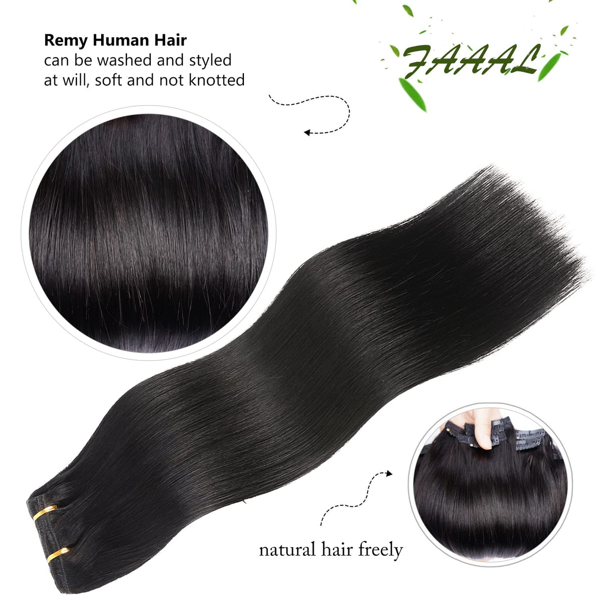 FAAAL jet-black hair texture detail highlights natural remy fibers and smooth surface.