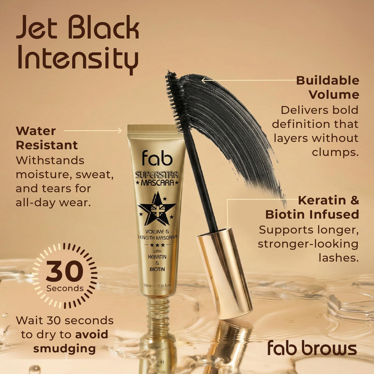 Fab Brows Fab Superstar Mascara tube packaging showing waterproof formula