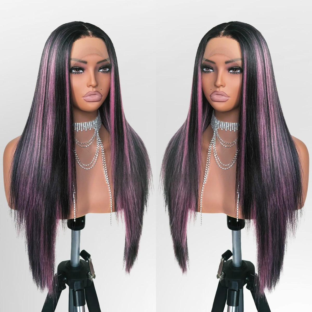 FABÉLLE 26-inch pink highlight straight wig ideal for daily wear.