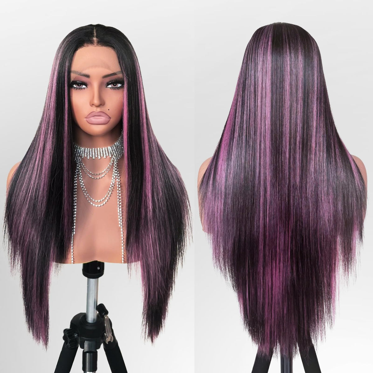 FABÉLLE black and pink highlight wig front view for natural lace blend.