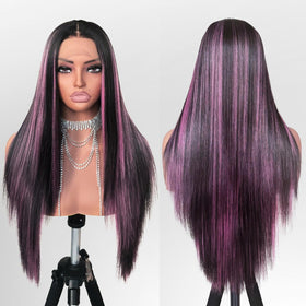 FABÉLLE black and pink highlight wig front view for natural lace blend.