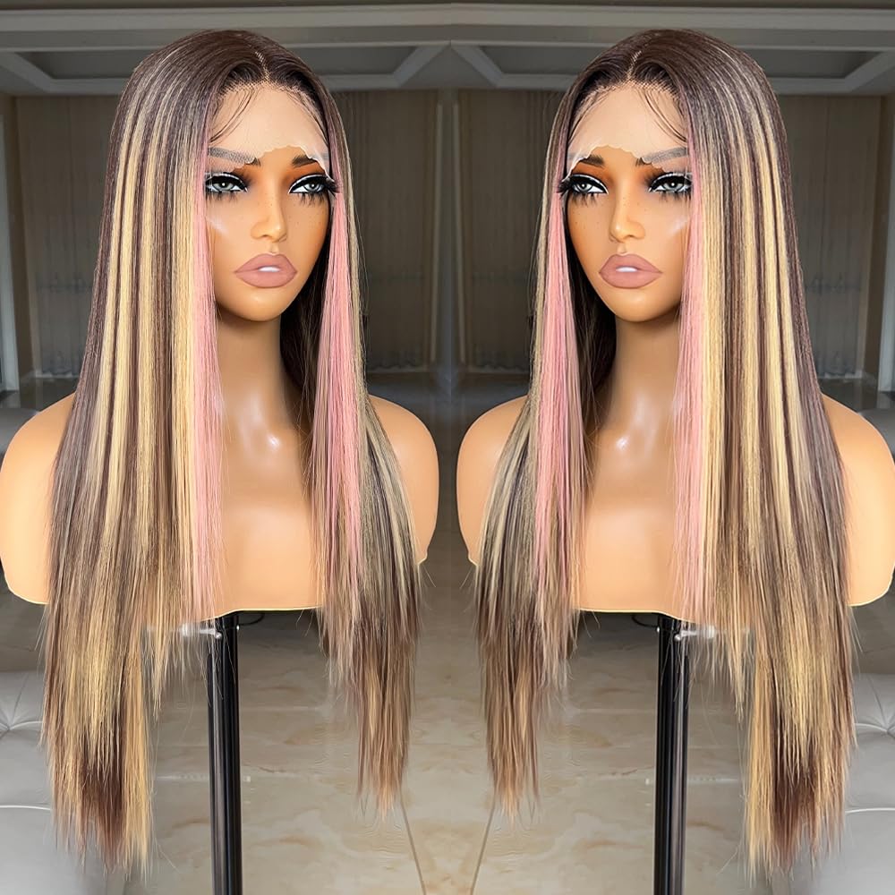 FABÉLLE pink highlight wig back view, 26 inches of flowing hair.
