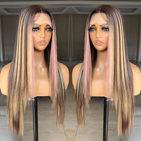 FABÉLLE pink highlight wig back view, 26 inches of flowing hair.