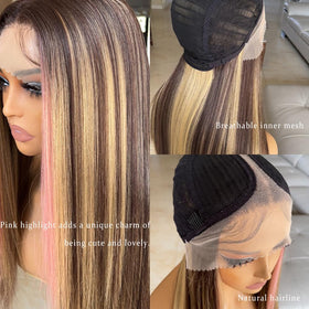 FABÉLLE pink highlight wig close-up baby hairs, pre-plucked hairline.