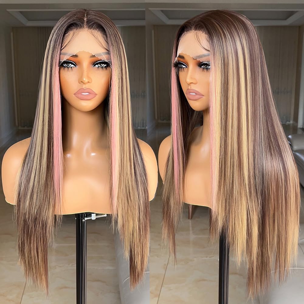 FABÉLLE pink highlight wig front view, natural lace blend for seamless wear.