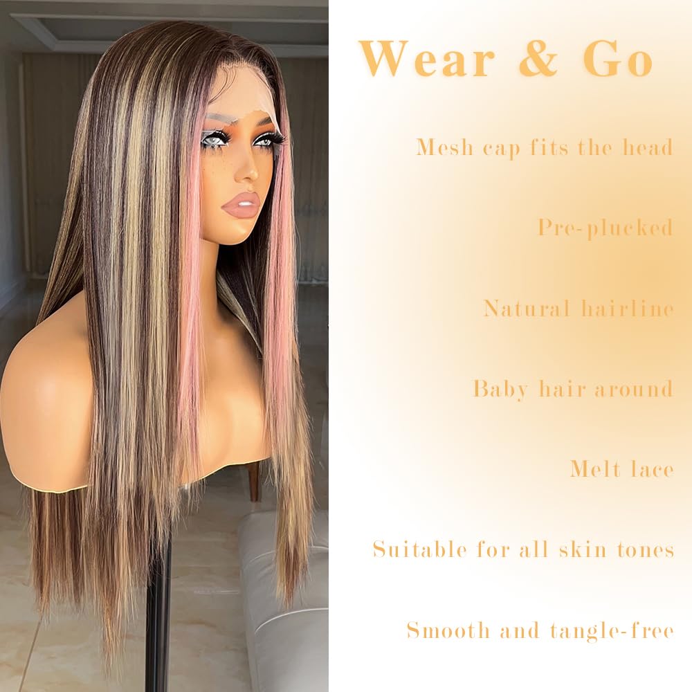 FABÉLLE pink highlight wig side view, long straight style for daily looks.