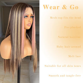 FABÉLLE pink highlight wig side view, long straight style for daily looks.