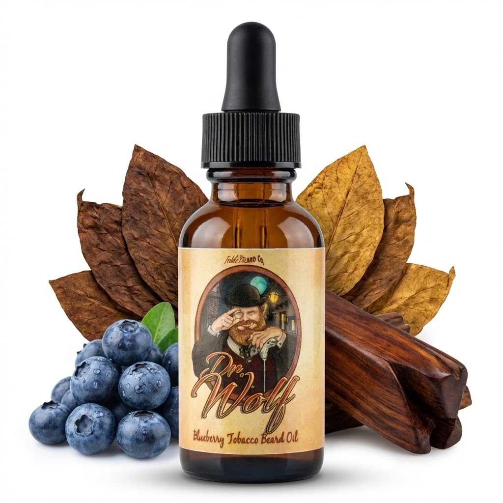Fable Beard Co. Dr. Wolf beard oil bottle for hydration and shine in a premium finish